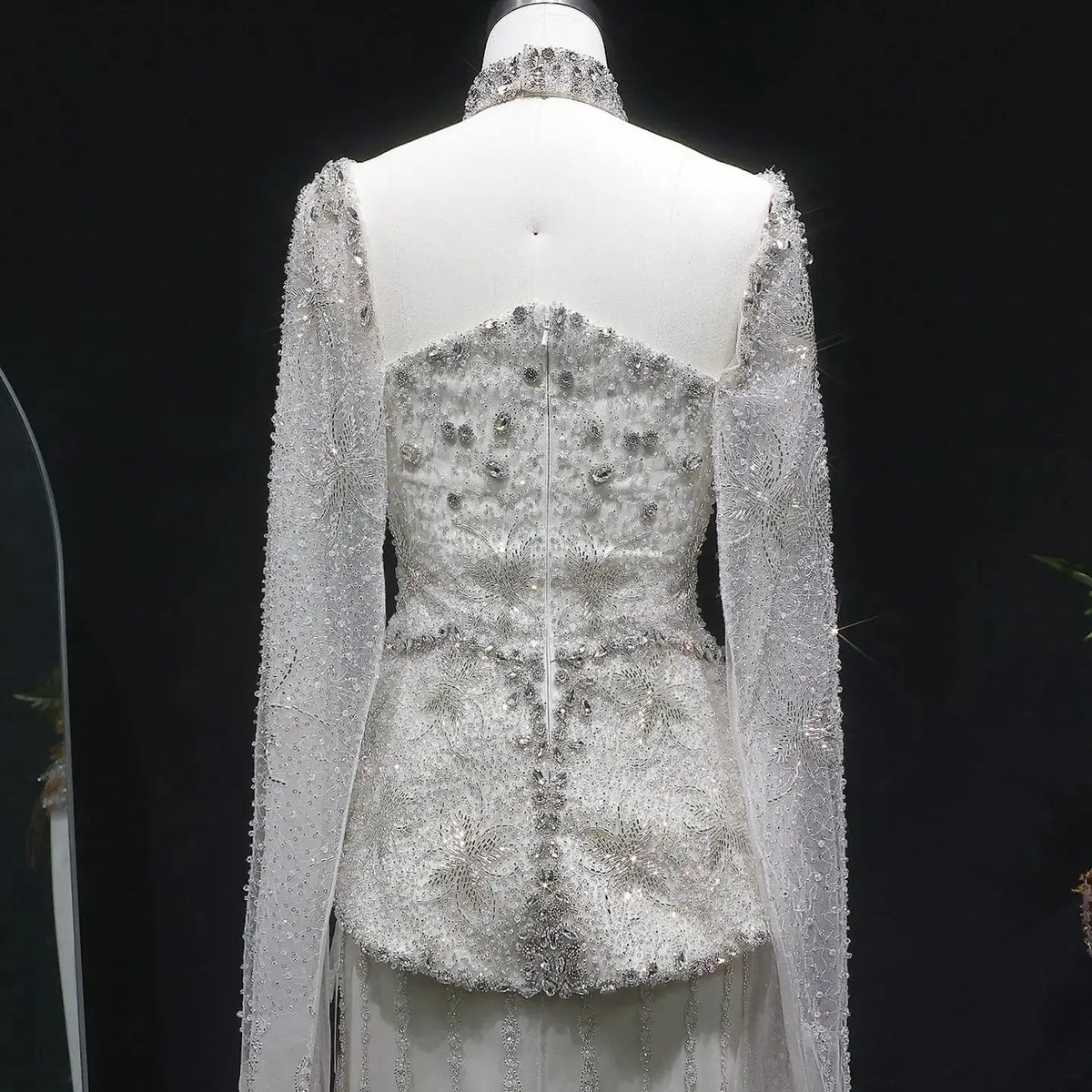 Elegant Silver High Neck Sheer Fitted Evening Dress with Cape Sleeve SS531