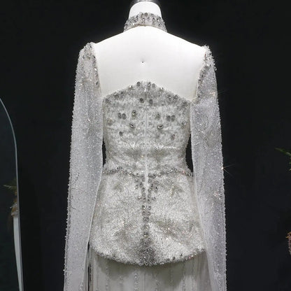 Elegant Silver High Neck Sheer Fitted Evening Dress with Cape Sleeve SS531