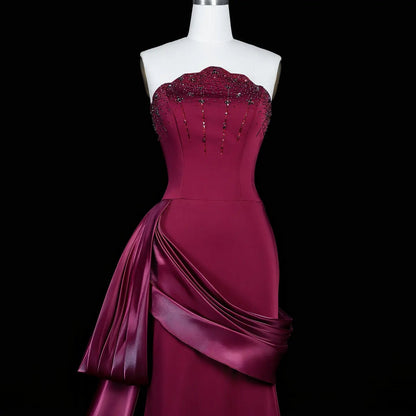 Romantic Burgundy Strapless Beaded Evening Dress with Statement Satin Draped Train SS608