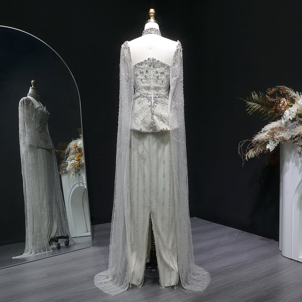 Glamorous Silver High Neck Sheer Evening Dress with Cape Sleeves SS531