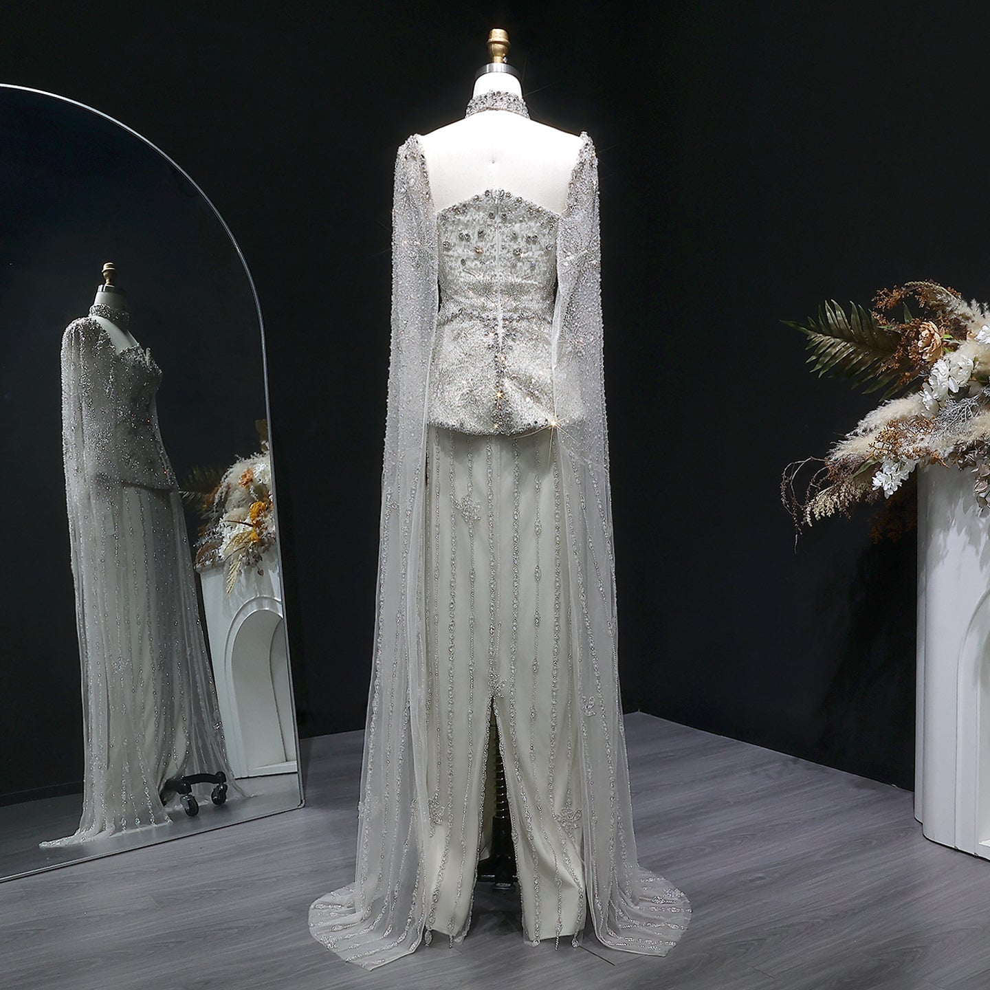 Glamorous Silver High Neck Sheer Evening Dress with Cape Sleeves SS531