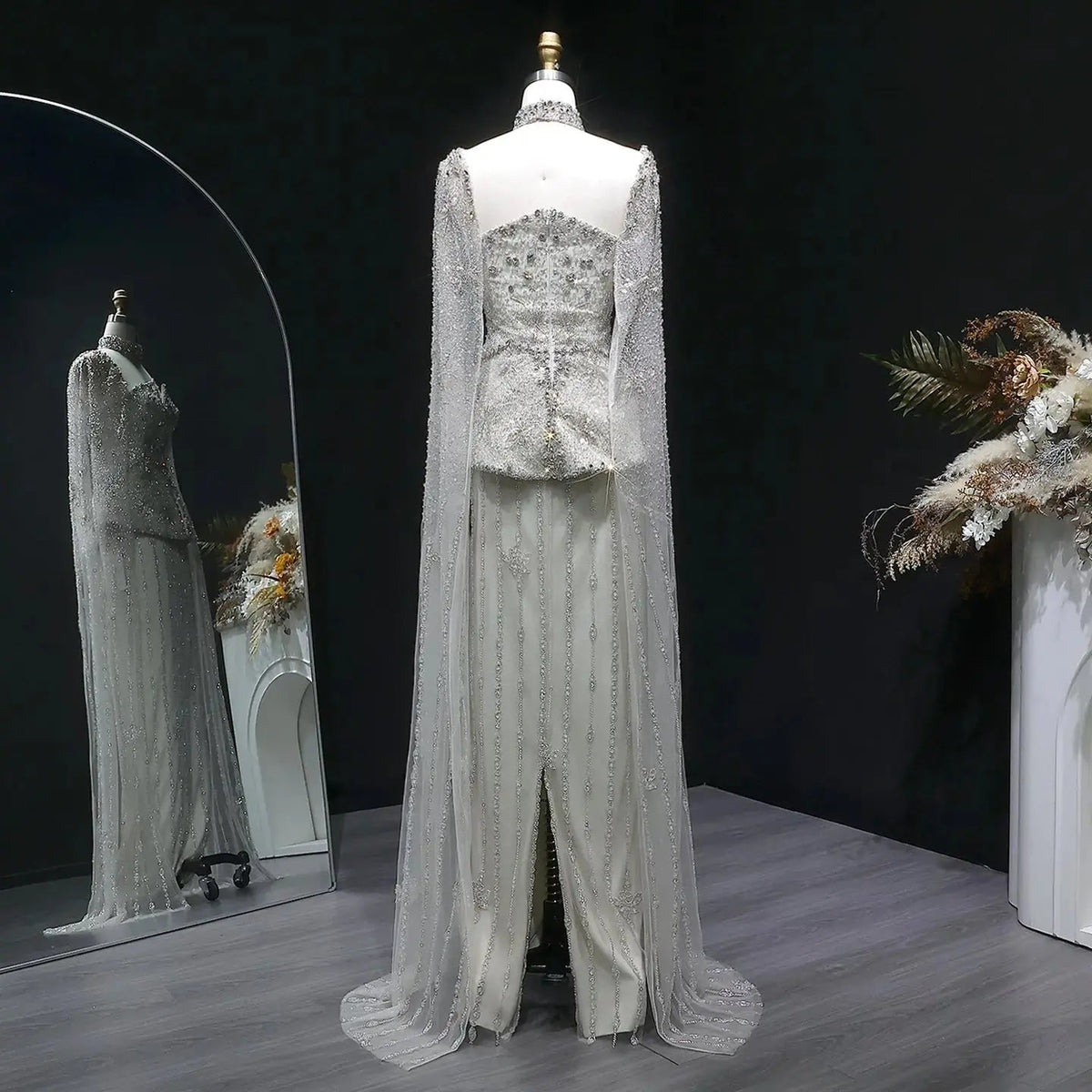 Elegant Silver High Neck Sheer Fitted Evening Dress with Cape Sleeve SS531