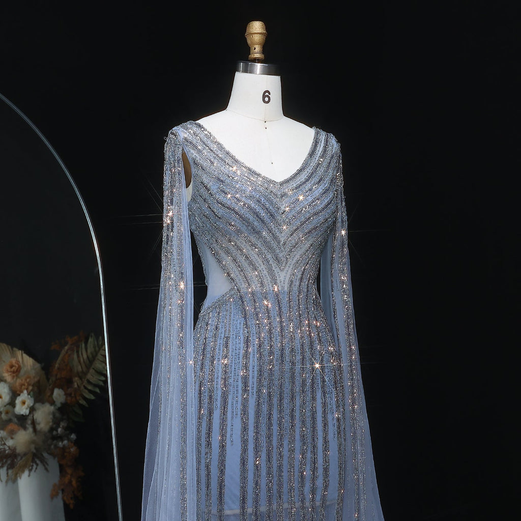 Luxury Beaded Blue V-Neck Mermaid Evening Dress with Cape Sleeves SS251