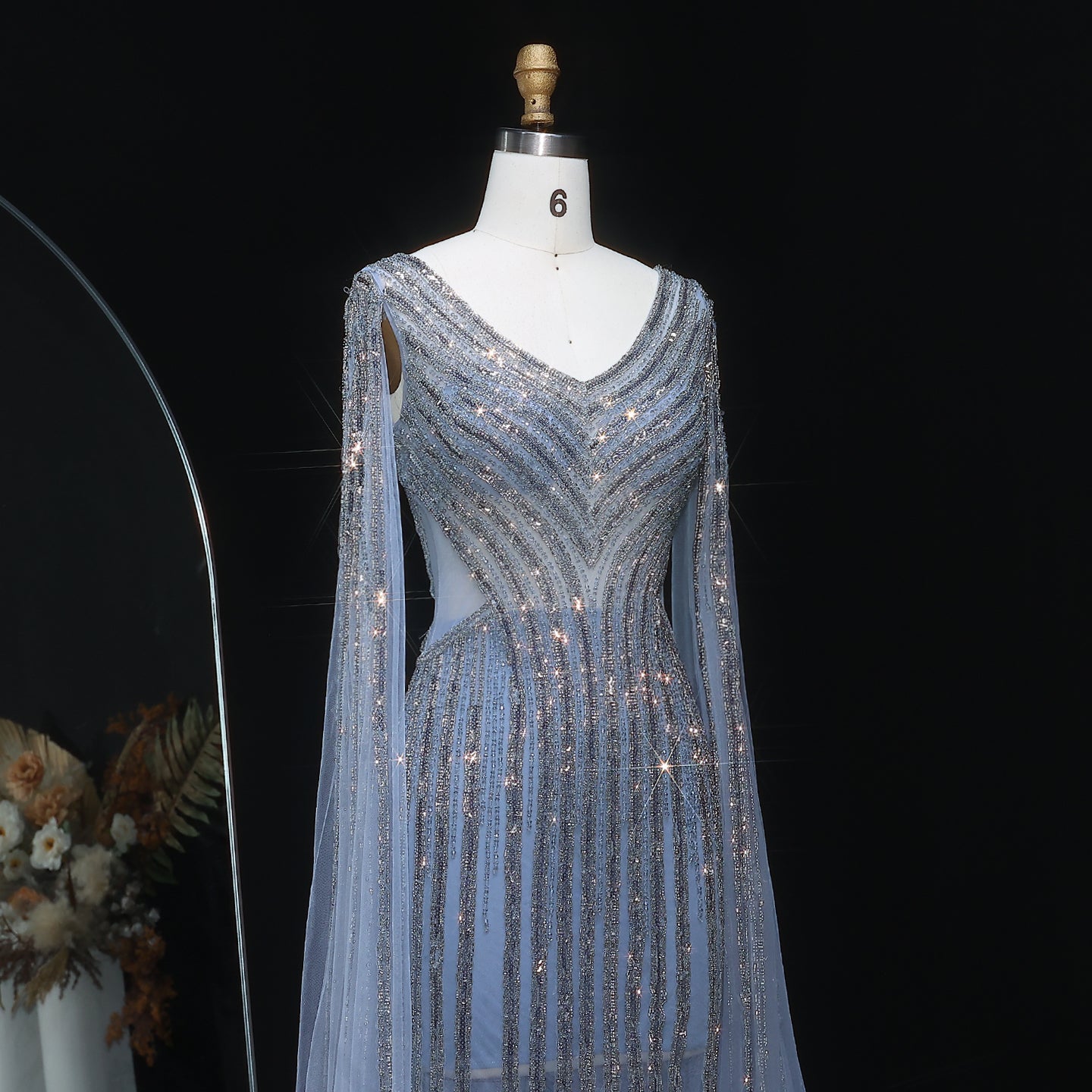 Luxury Beaded Blue V-Neck Mermaid Evening Dress with Cape Sleeves SS251