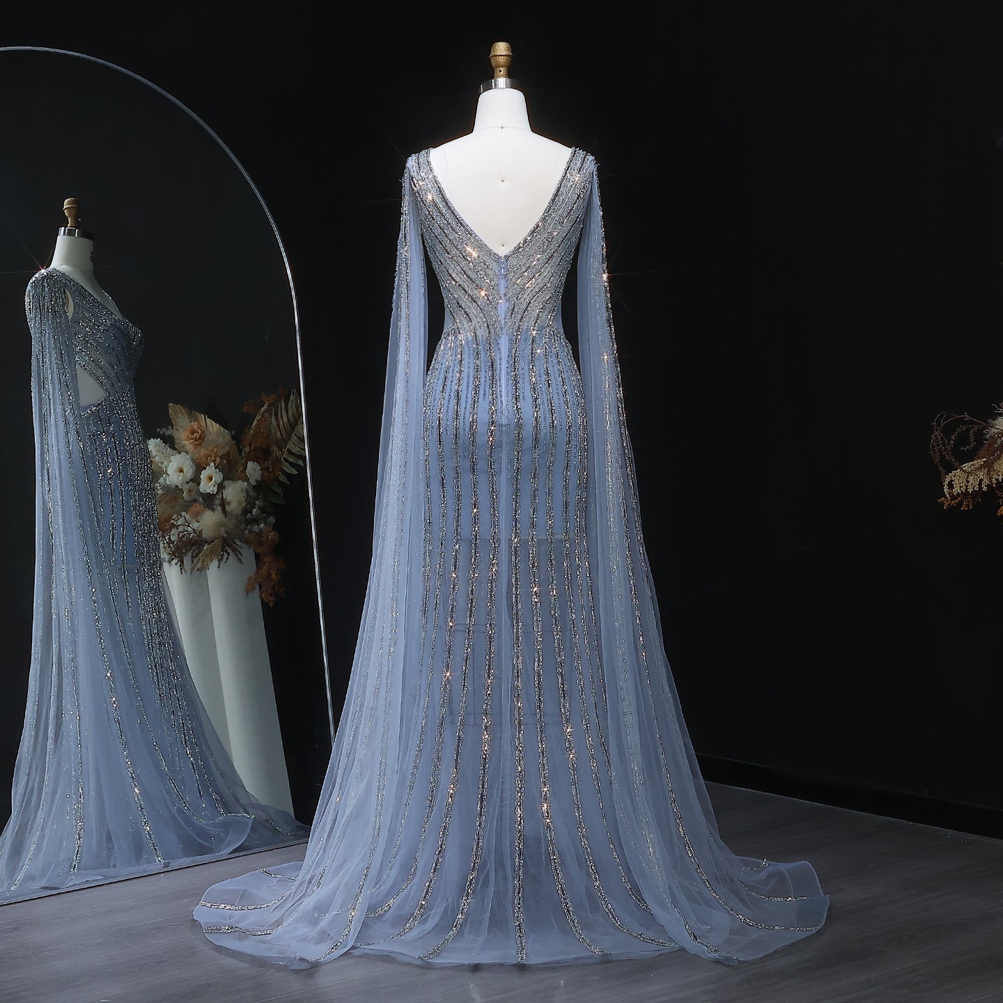 Luxury Beaded Blue V-Neck Mermaid Evening Dress with Cape Sleeves SS251