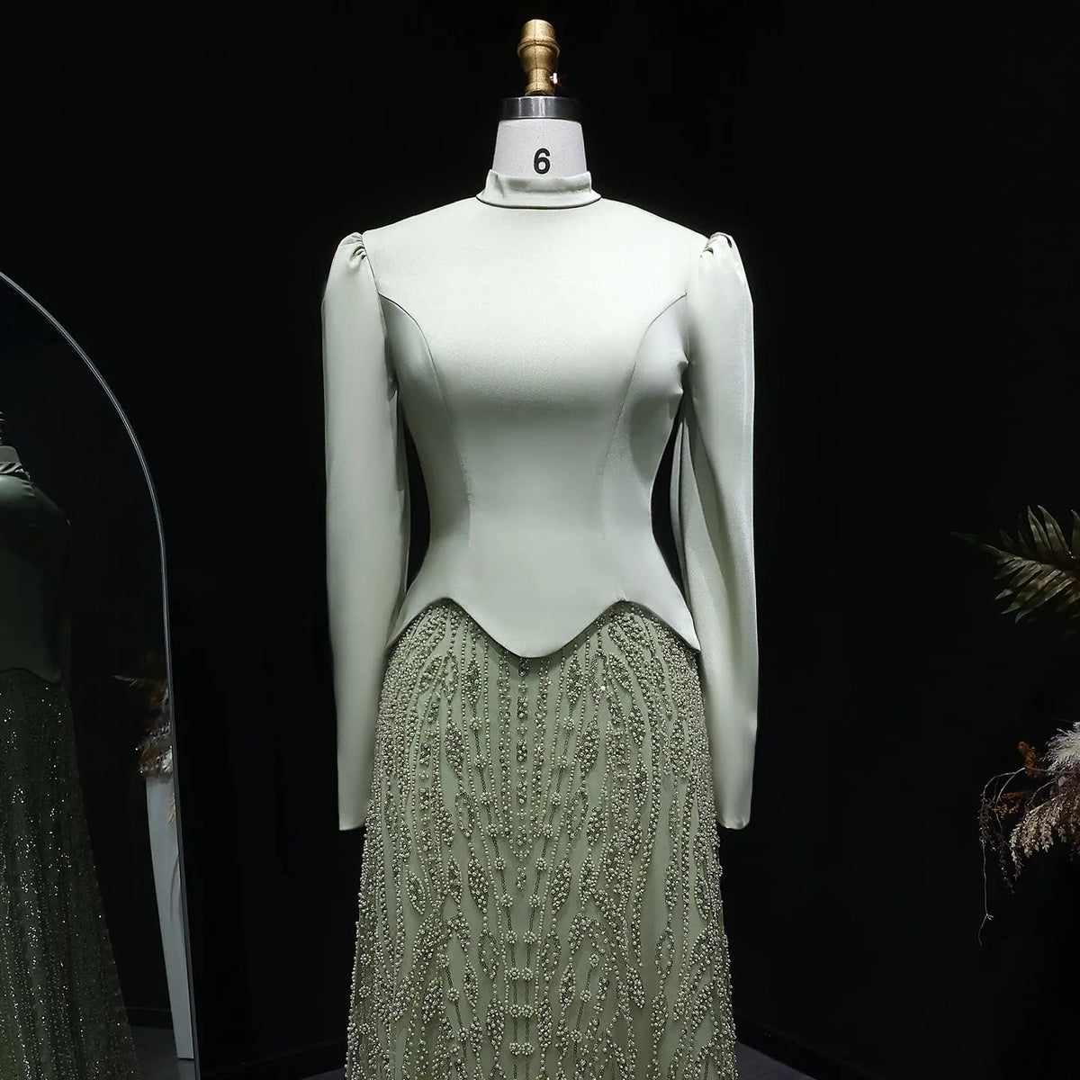 Glamorous Modest Hijab-Style Green Sequin Evening Dress SS613