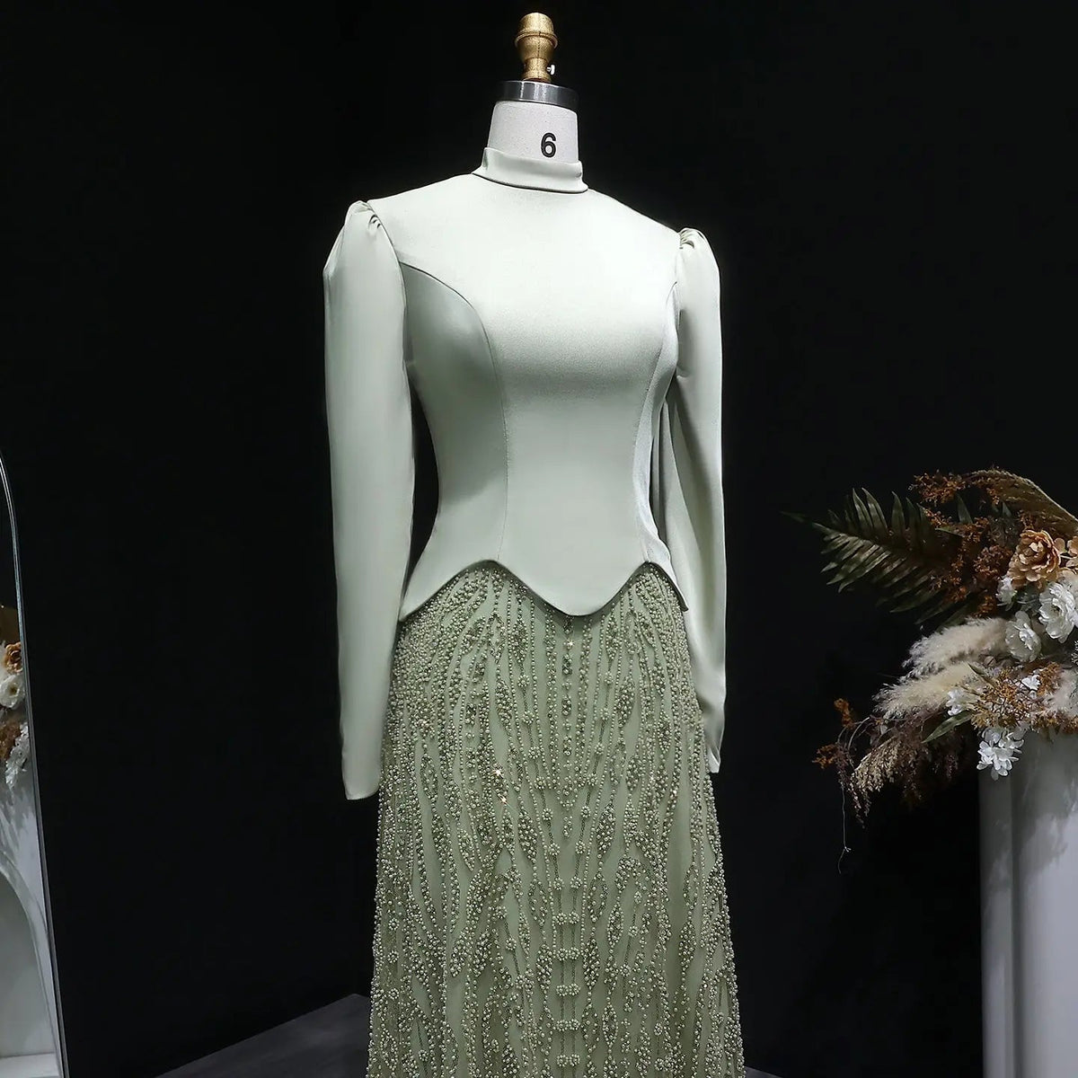 Glamorous Modest Hijab-Style Green Sequin Evening Dress SS613