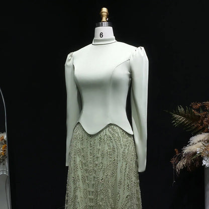 Glamorous Modest Hijab-Style Green Sequin Evening Dress SS613