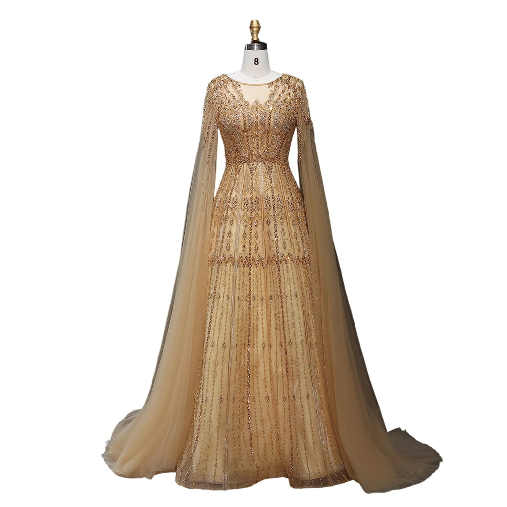 Luxury Blue Evening Dress with Cape Sleeves SS001