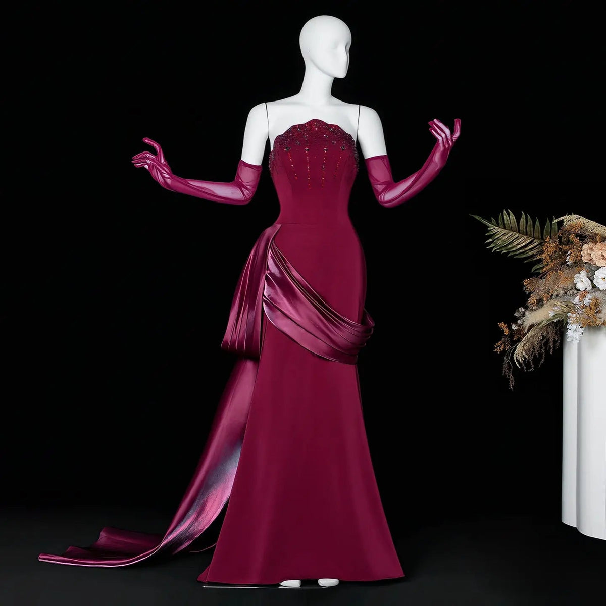 Romantic Burgundy Strapless Beaded Evening Dress with Statement Satin Draped Train SS608