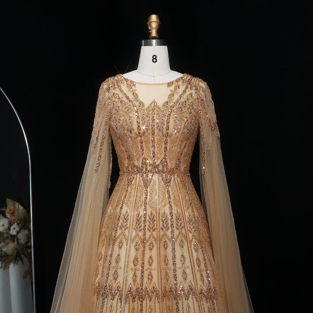 Luxury Blue Evening Dress with Cape Sleeves SS001