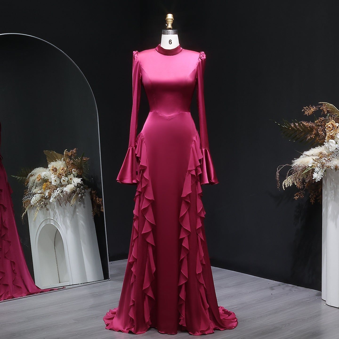 Luxury Wine Red Ruffled Long Sleeve Evening Dress with Overskirt SF054