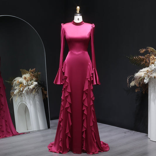 Luxury Wine Red Ruffled Long Sleeve Evening Dress with Overskirt SF054