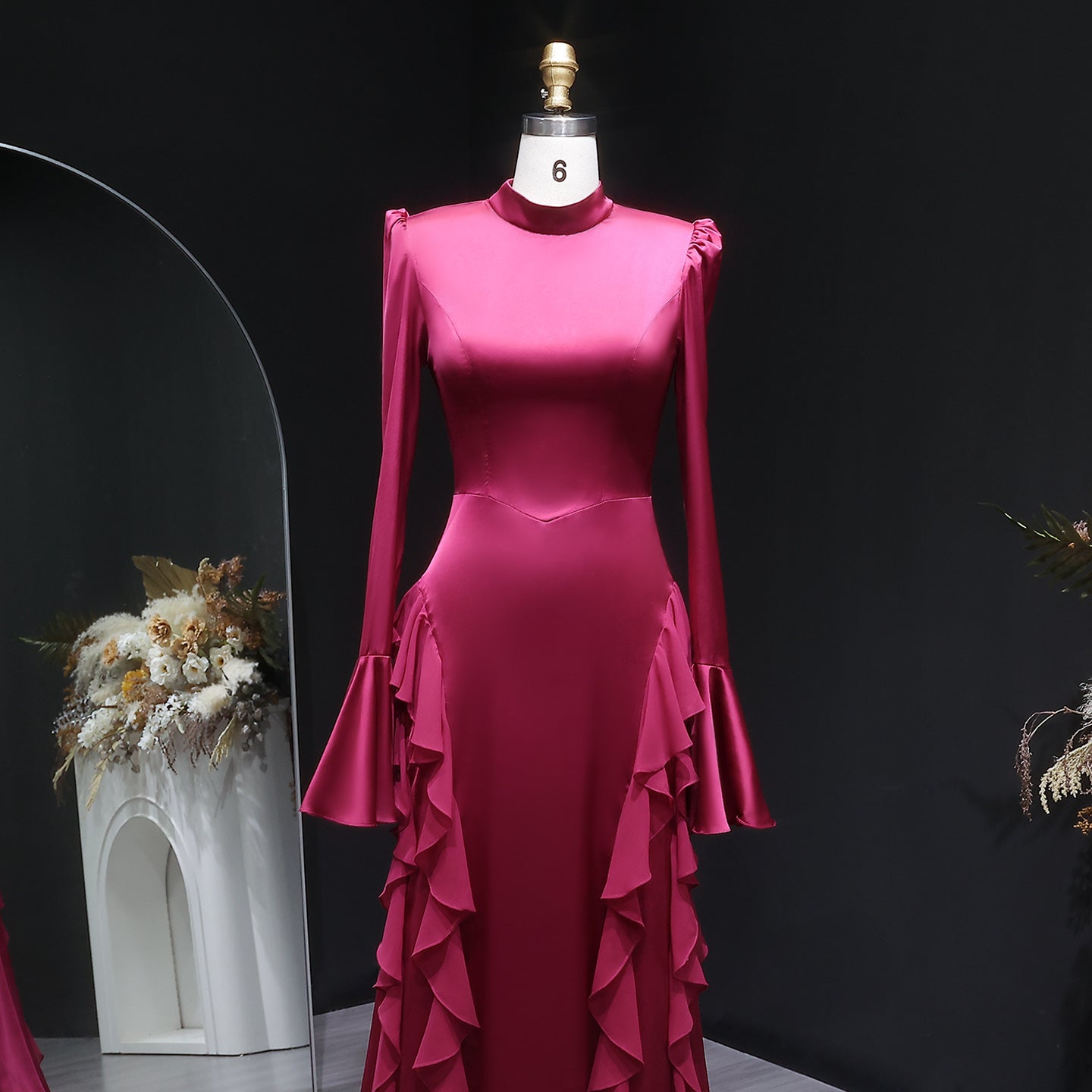 Luxury Wine Red Ruffled Long Sleeve Evening Dress with Overskirt SF054