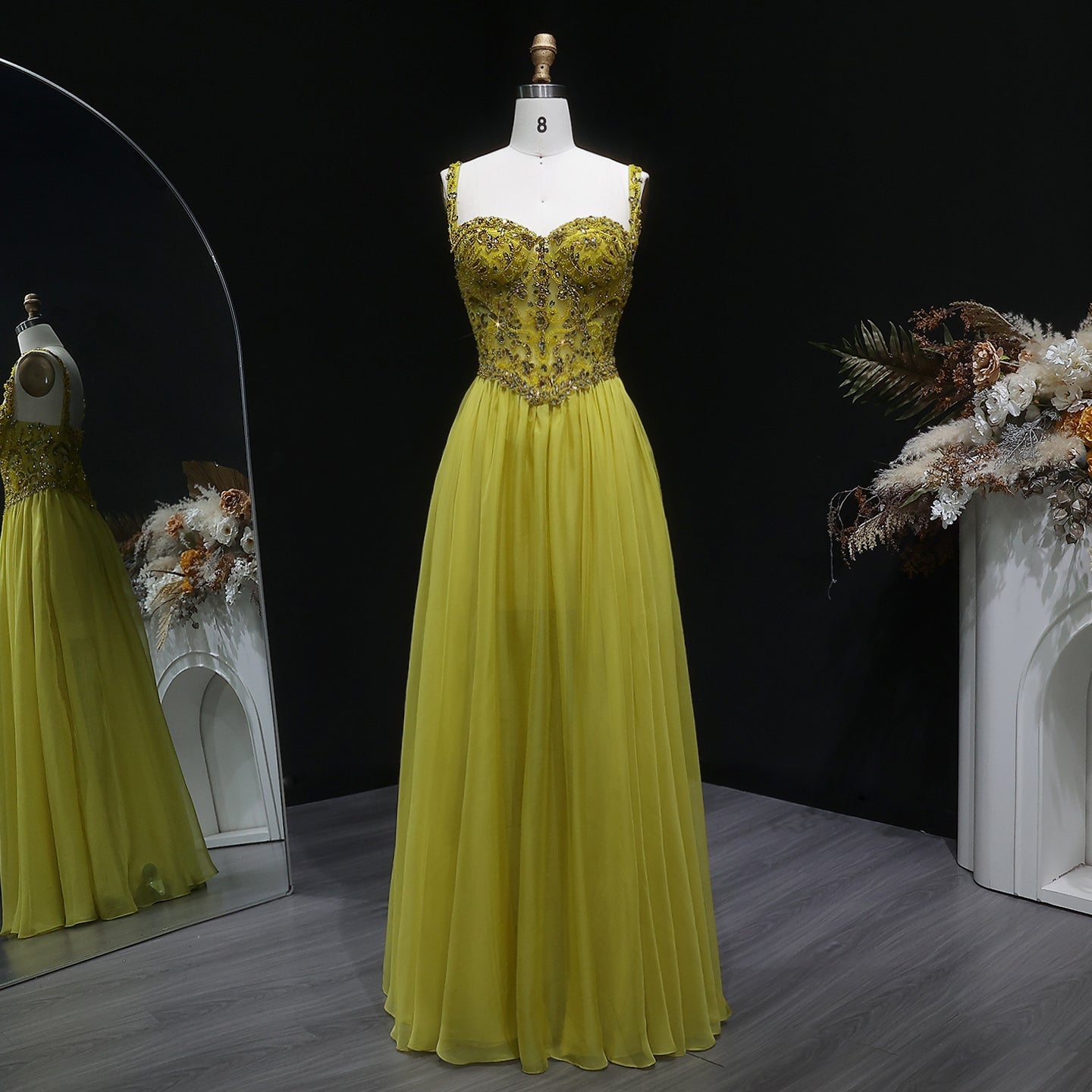 Glamorous Yellow Sweetheart Neck Crystal Sequin A-Line Evening Dress SS387