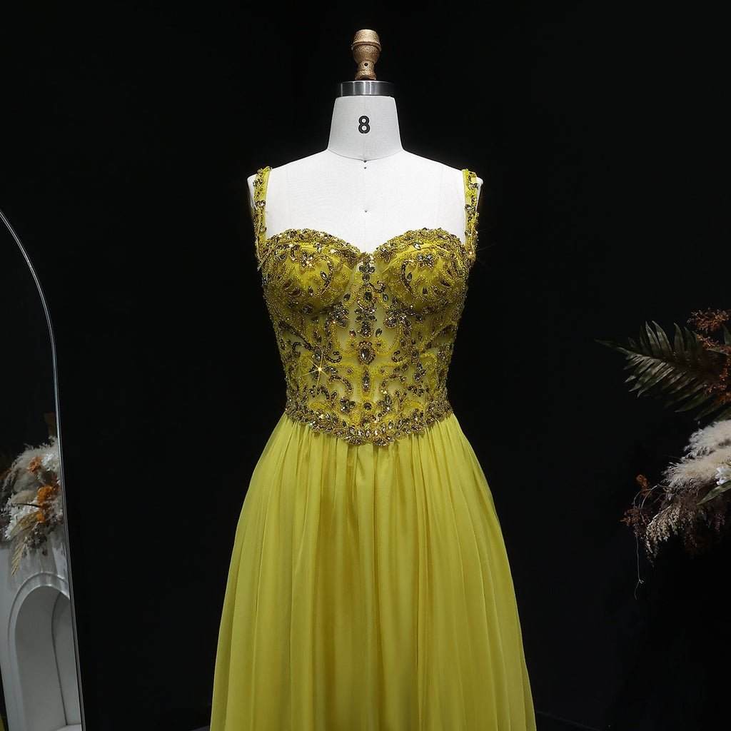 Glamorous Yellow Sweetheart Neck Crystal Sequin A-Line Evening Dress SS387