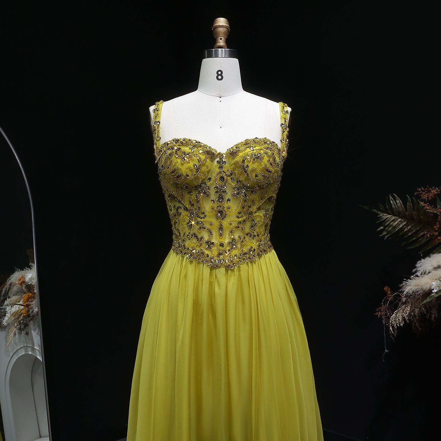 Glamorous Yellow Sweetheart Neck Crystal Sequin A-Line Evening Dress SS387