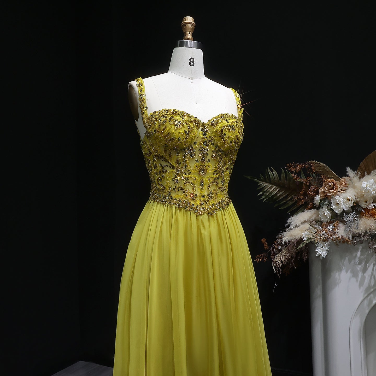 Glamorous Yellow Sweetheart Neck Crystal Sequin A-Line Evening Dress SS387