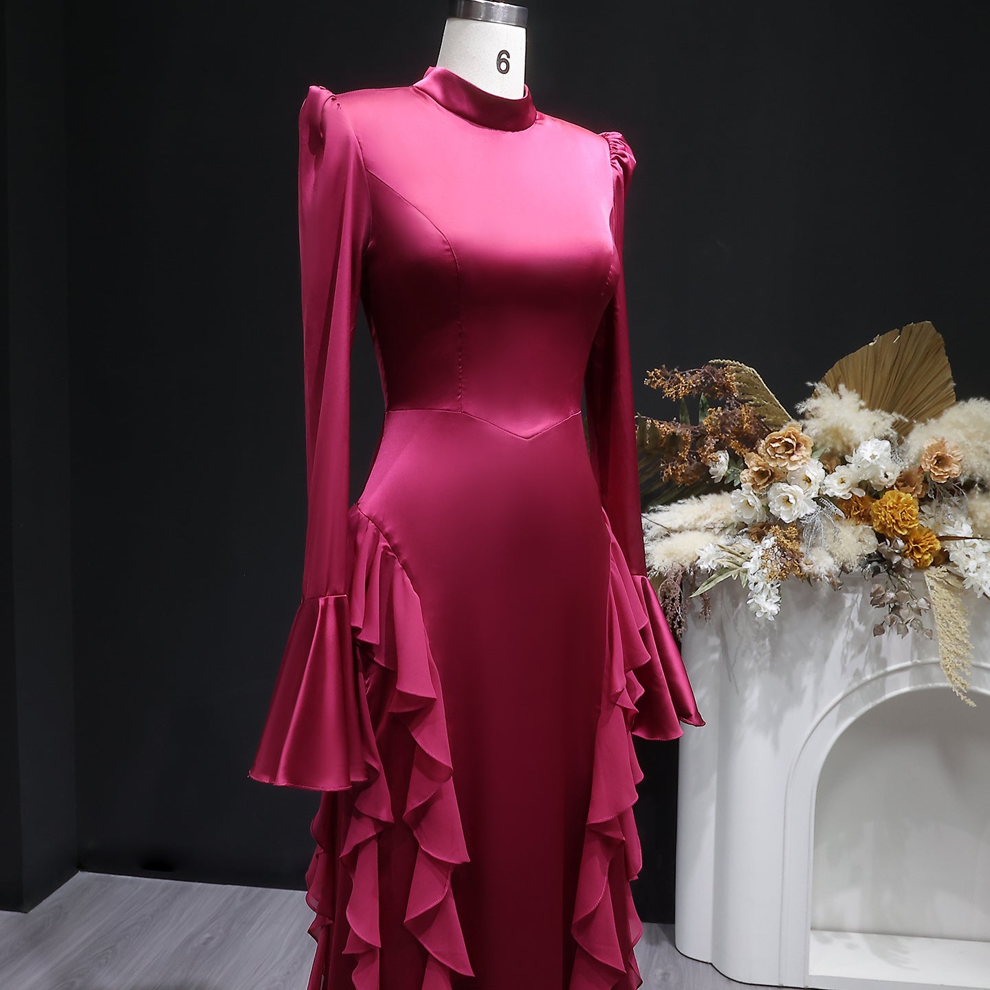 Luxury Wine Red Ruffled Long Sleeve Evening Dress with Overskirt SF054