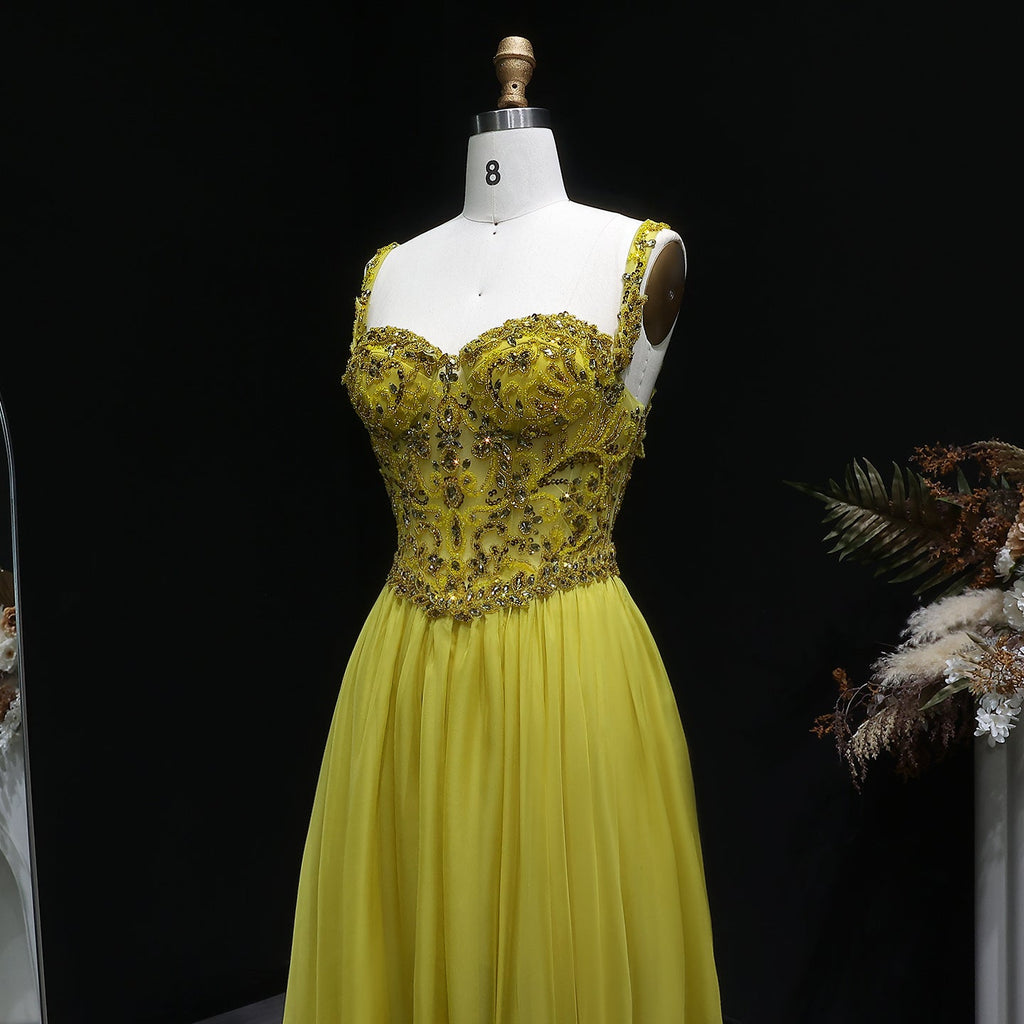 Glamorous Yellow Sweetheart Neck Crystal Sequin A-Line Evening Dress SS387