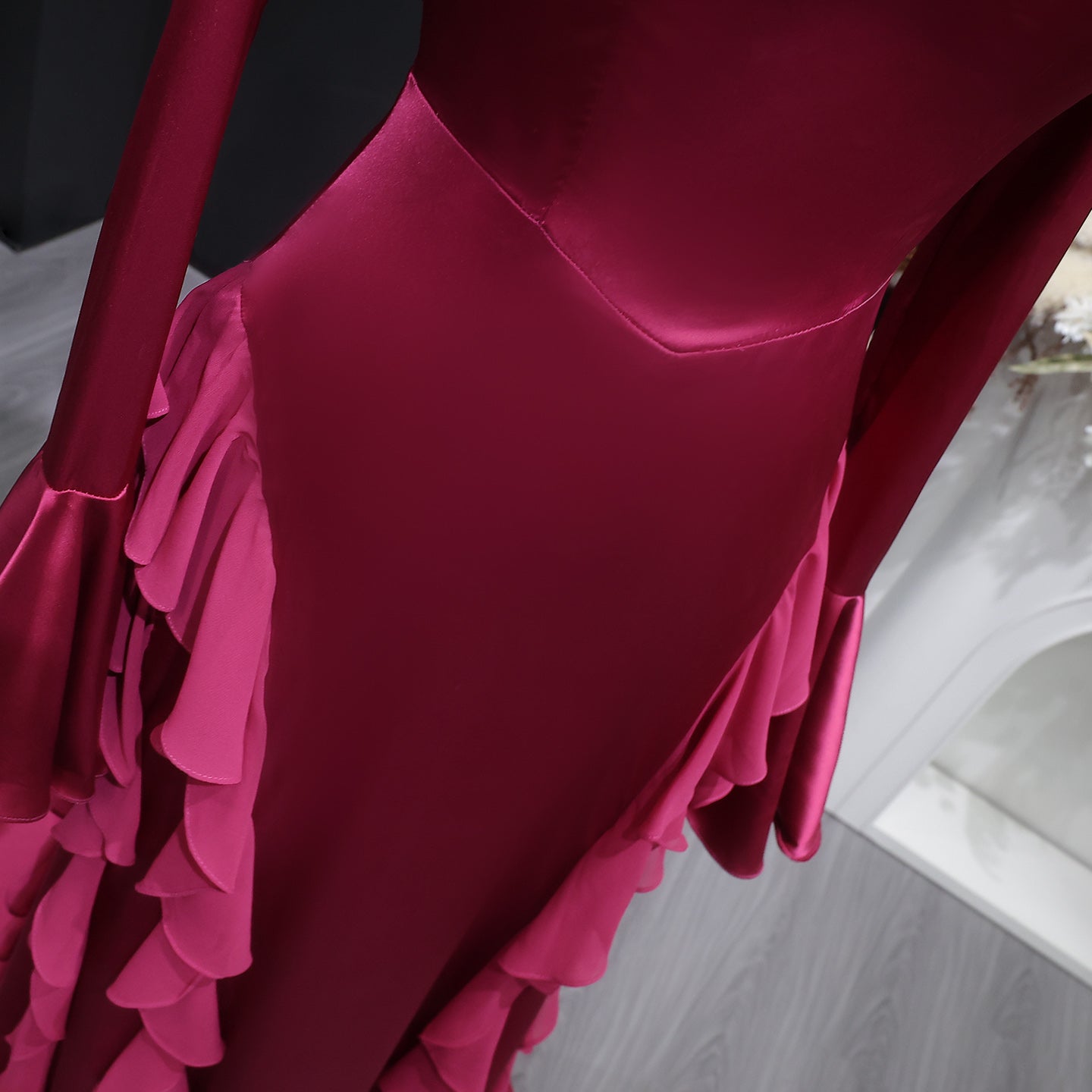 Luxury Wine Red Ruffled Long Sleeve Evening Dress with Overskirt SF054