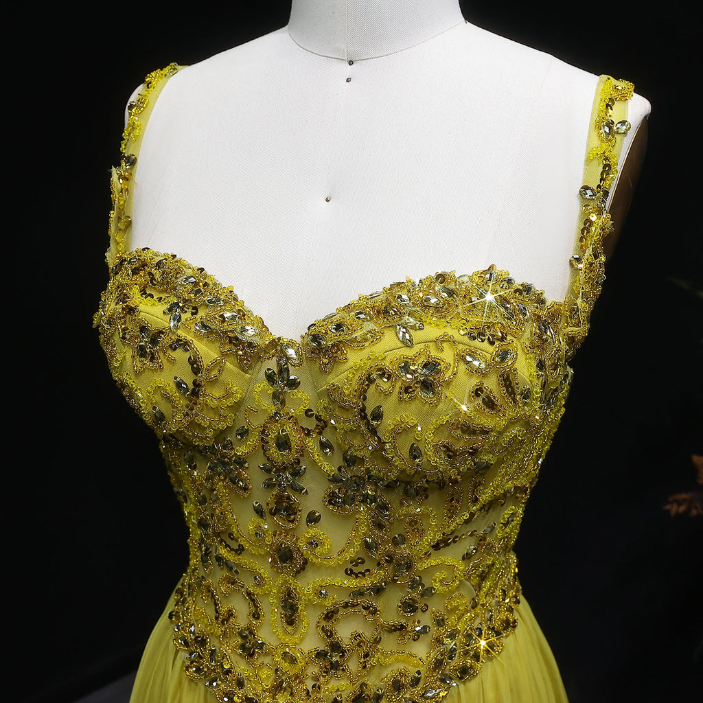 Glamorous Yellow Sweetheart Neck Crystal Sequin A-Line Evening Dress SS387