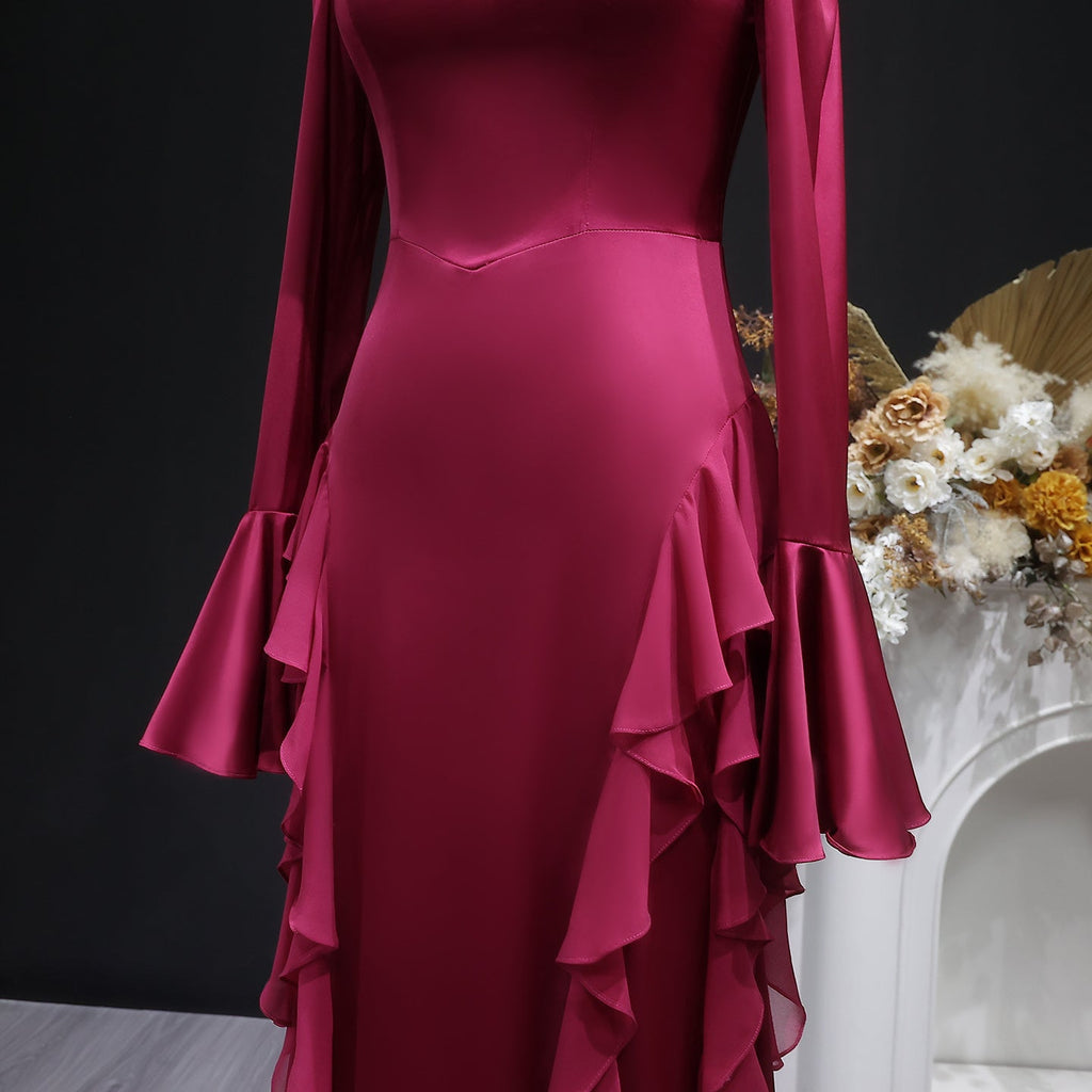 Luxury Wine Red Ruffled Long Sleeve Evening Dress with Overskirt SF054