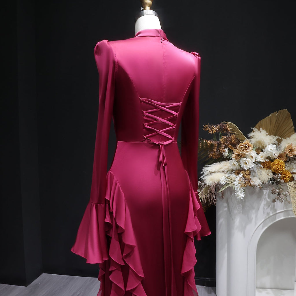 Luxury Wine Red Ruffled Long Sleeve Evening Dress with Overskirt SF054