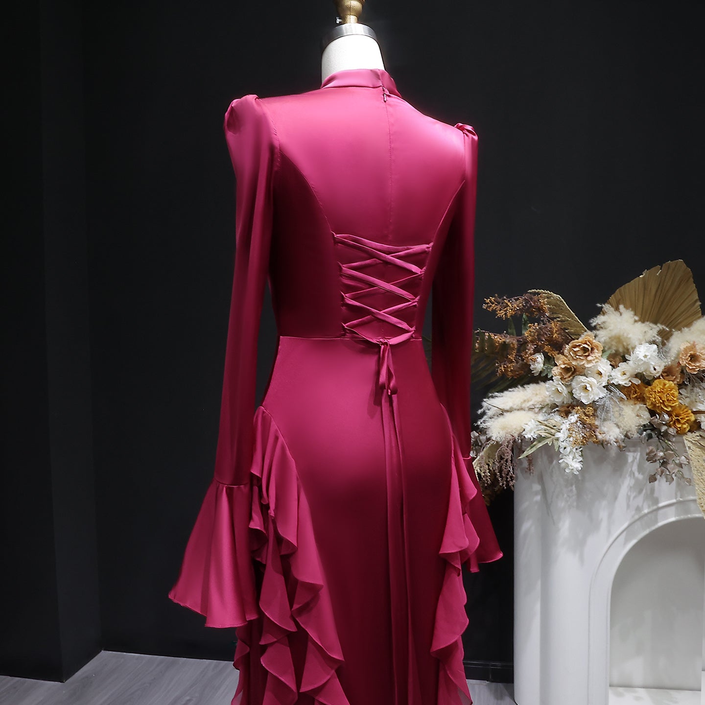 Luxury Wine Red Ruffled Long Sleeve Evening Dress with Overskirt SF054
