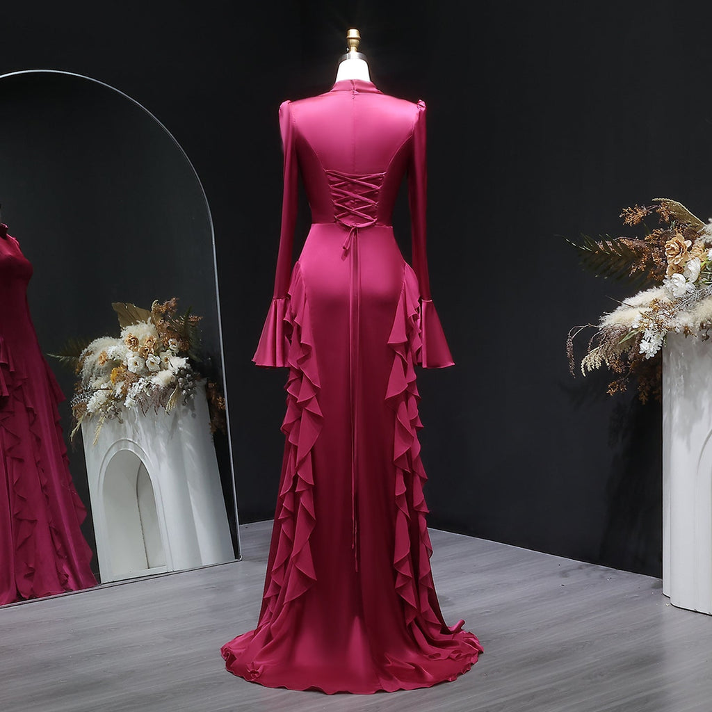 Luxury Wine Red Ruffled Long Sleeve Evening Dress with Overskirt SF054