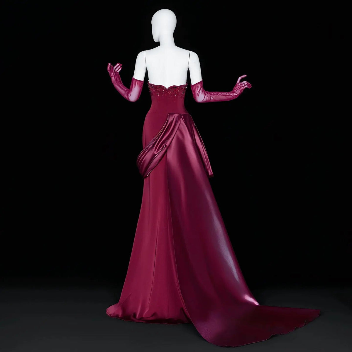 Romantic Burgundy Strapless Beaded Evening Dress with Statement Satin Draped Train SS608