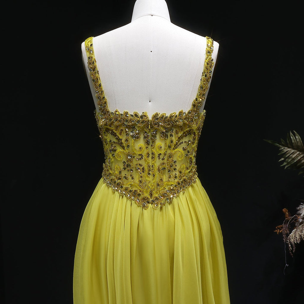 Glamorous Yellow Sweetheart Neck Crystal Sequin A-Line Evening Dress SS387