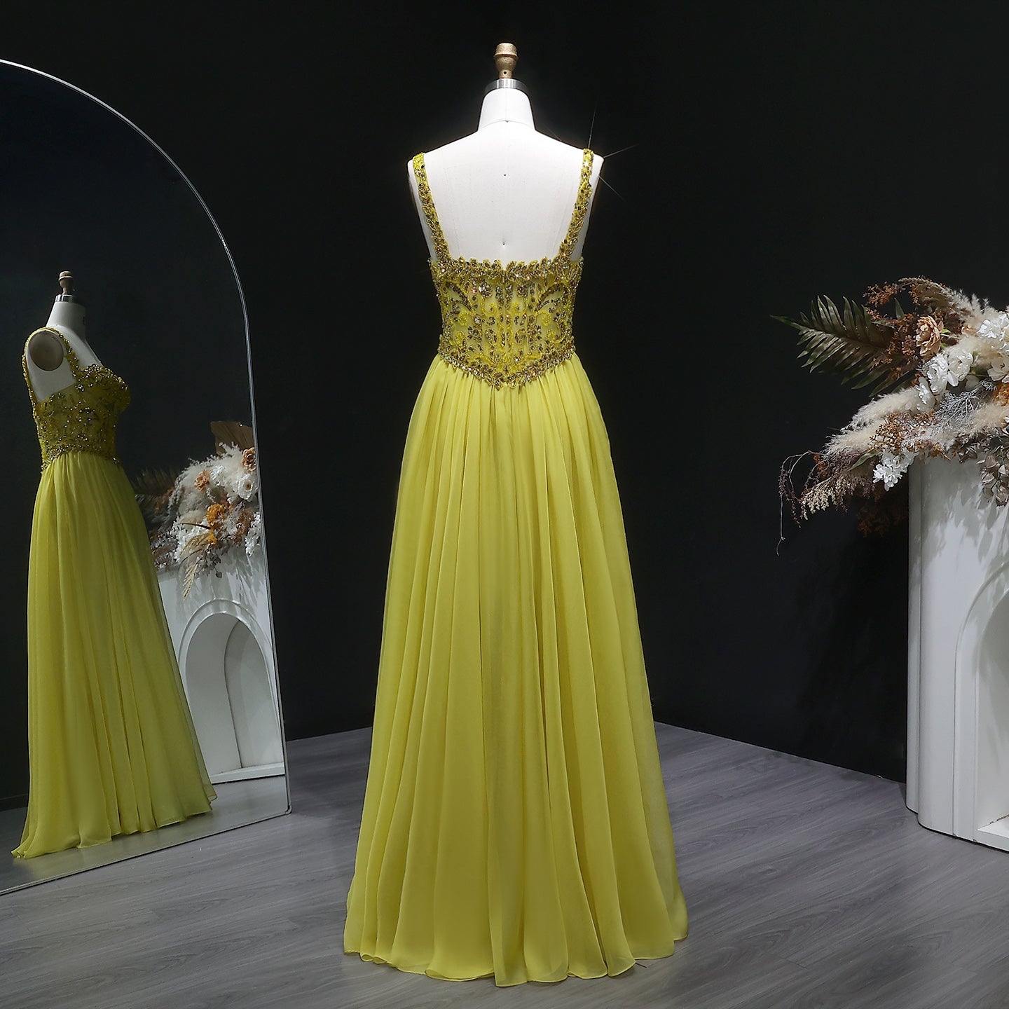 Glamorous Yellow Sweetheart Neck Crystal Sequin A-Line Evening Dress SS387