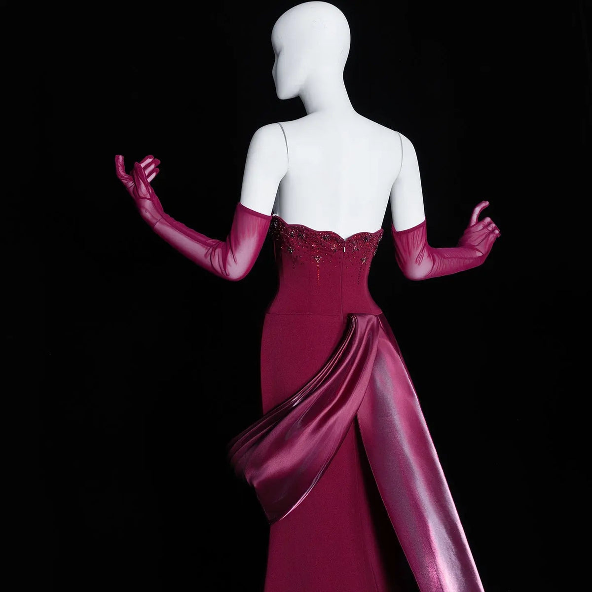 Romantic Burgundy Strapless Beaded Evening Dress with Statement Satin Draped Train SS608
