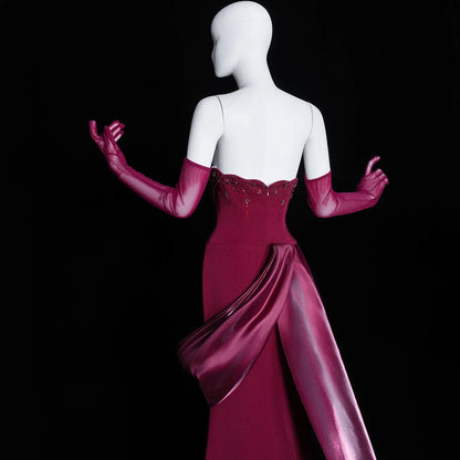 Romantic Burgundy Strapless Beaded Evening Dress with Statement Satin Draped Train SS608