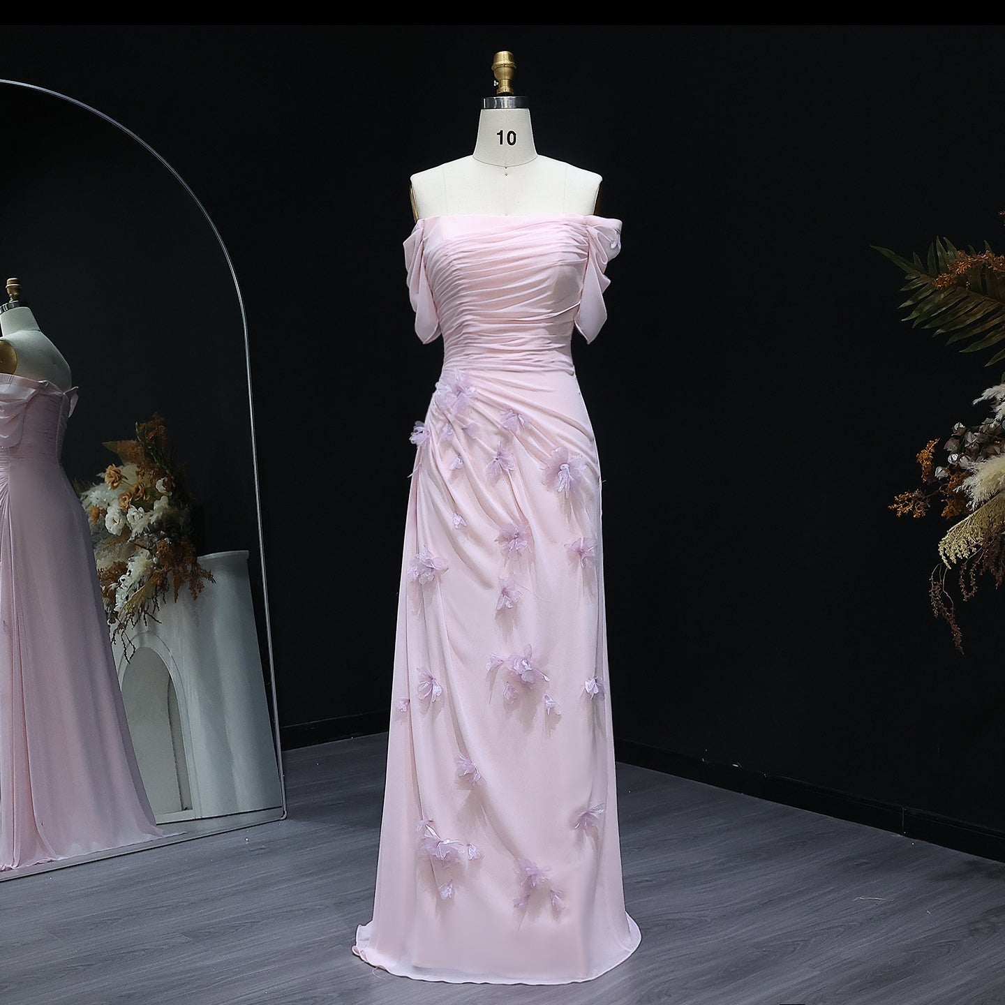 Elegant Pink 3D Flowers Off Shoulder Evening dress SF313