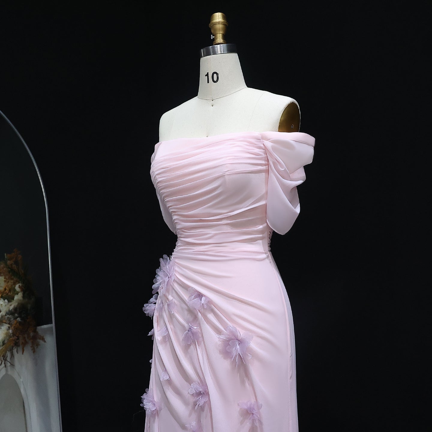 Elegant Pink 3D Flowers Off Shoulder Evening dress SF313