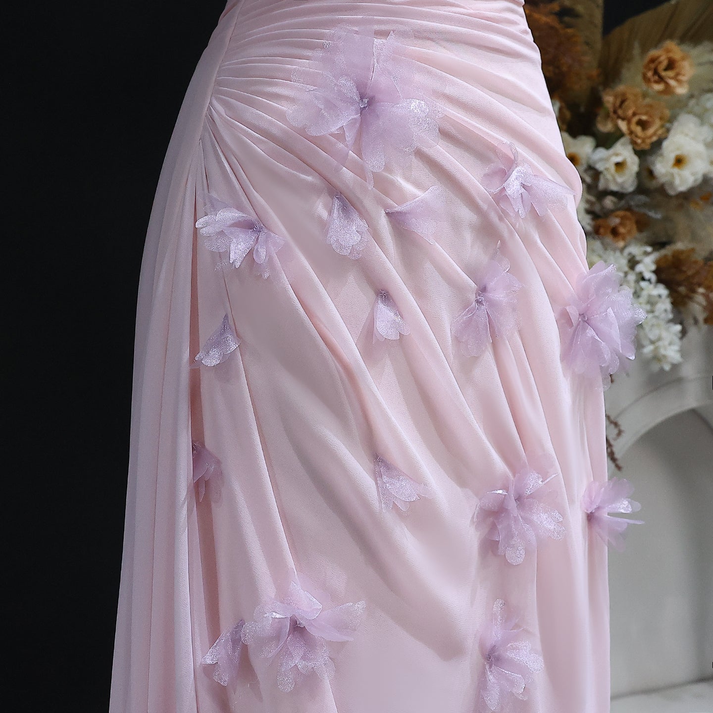 Elegant Pink 3D Flowers Off Shoulder Evening dress SF313