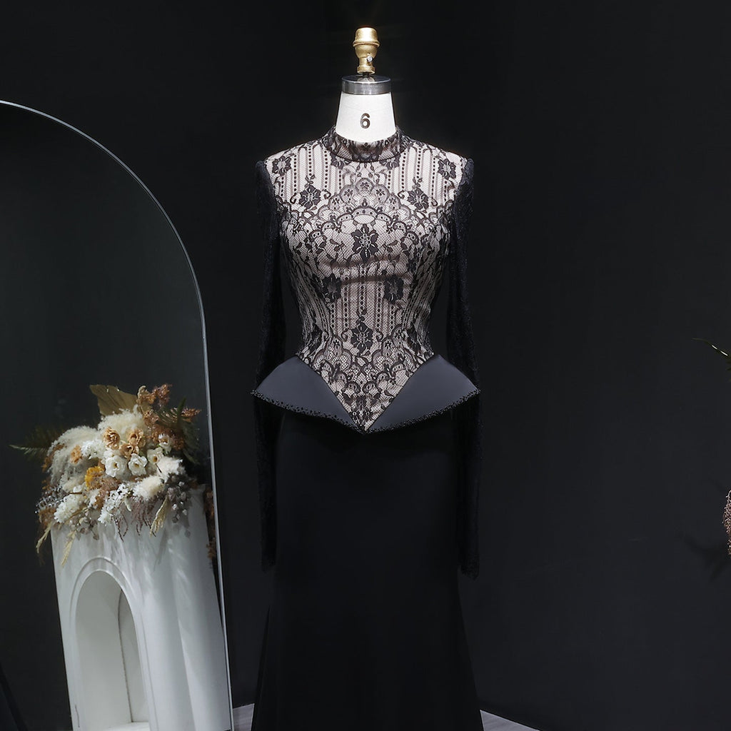 Elegant Black Crystal Lace Paneled Evening Dress SF072