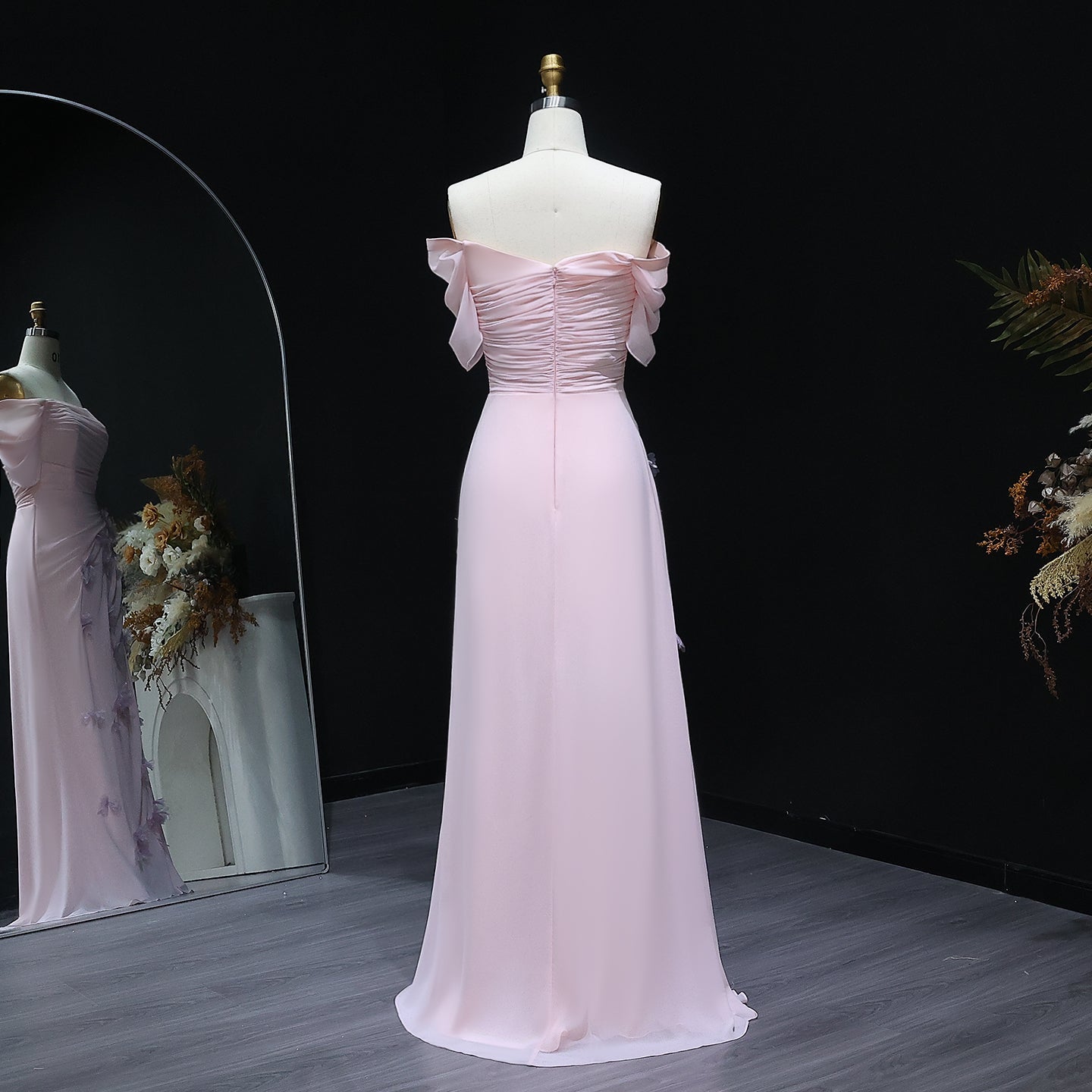 Elegant Pink 3D Flowers Off Shoulder Evening dress SF313