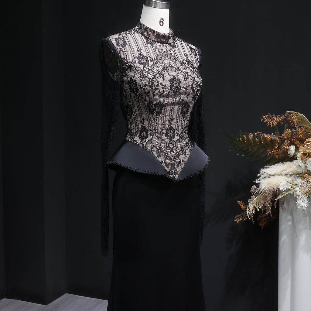 Elegant Black Crystal Lace Paneled Evening Dress SF072