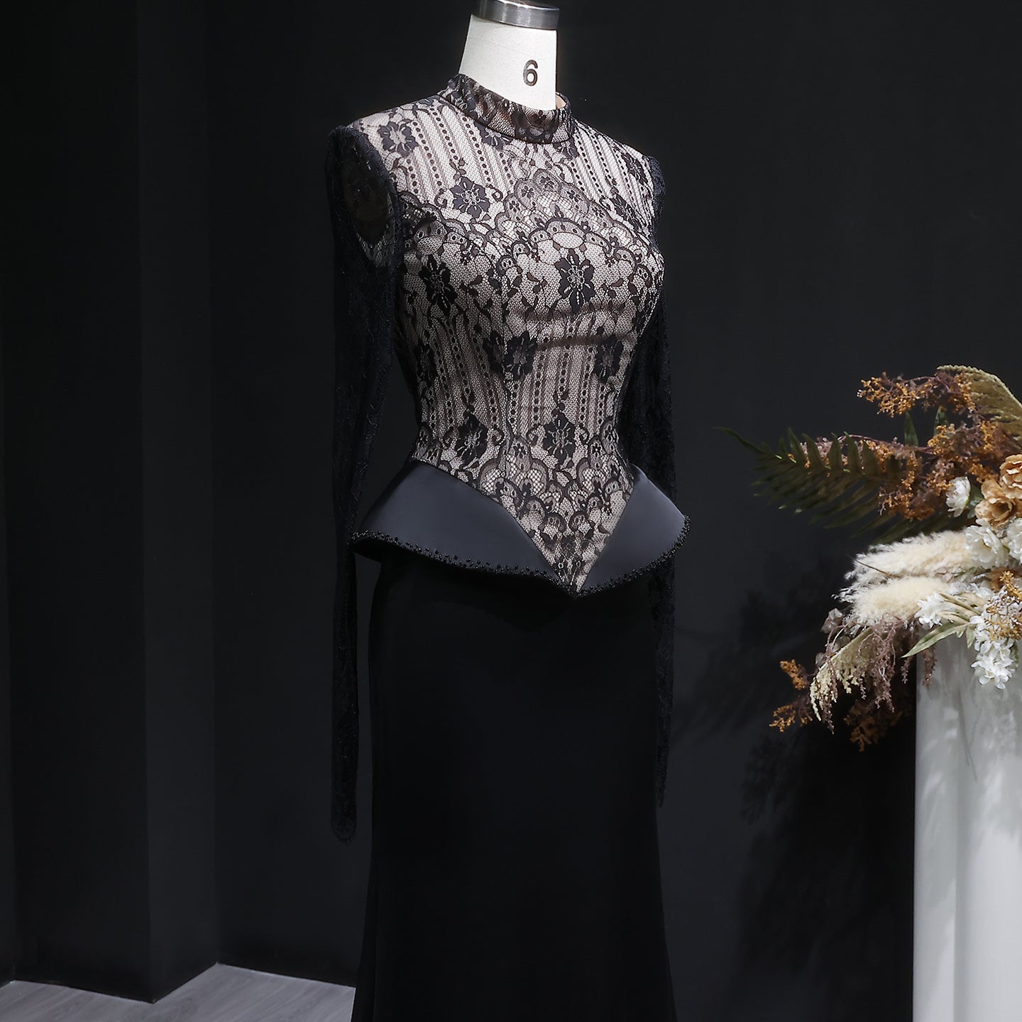 Elegant Black Crystal Lace Paneled Evening Dress SF072