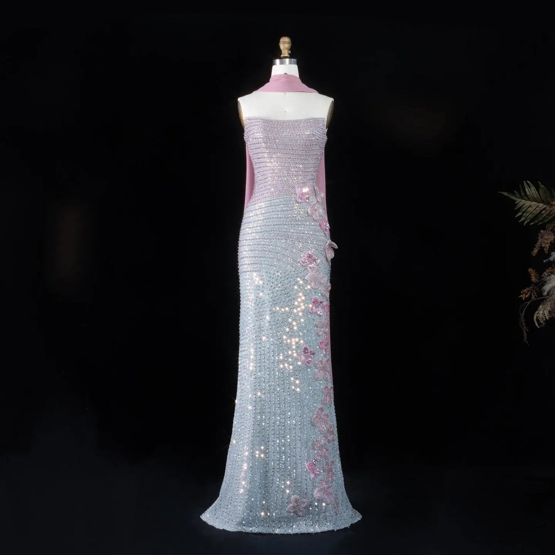 Gradient Pink  Mermaid  3D Floral  Sequins Luxury Beaded Evening  Dress SS534