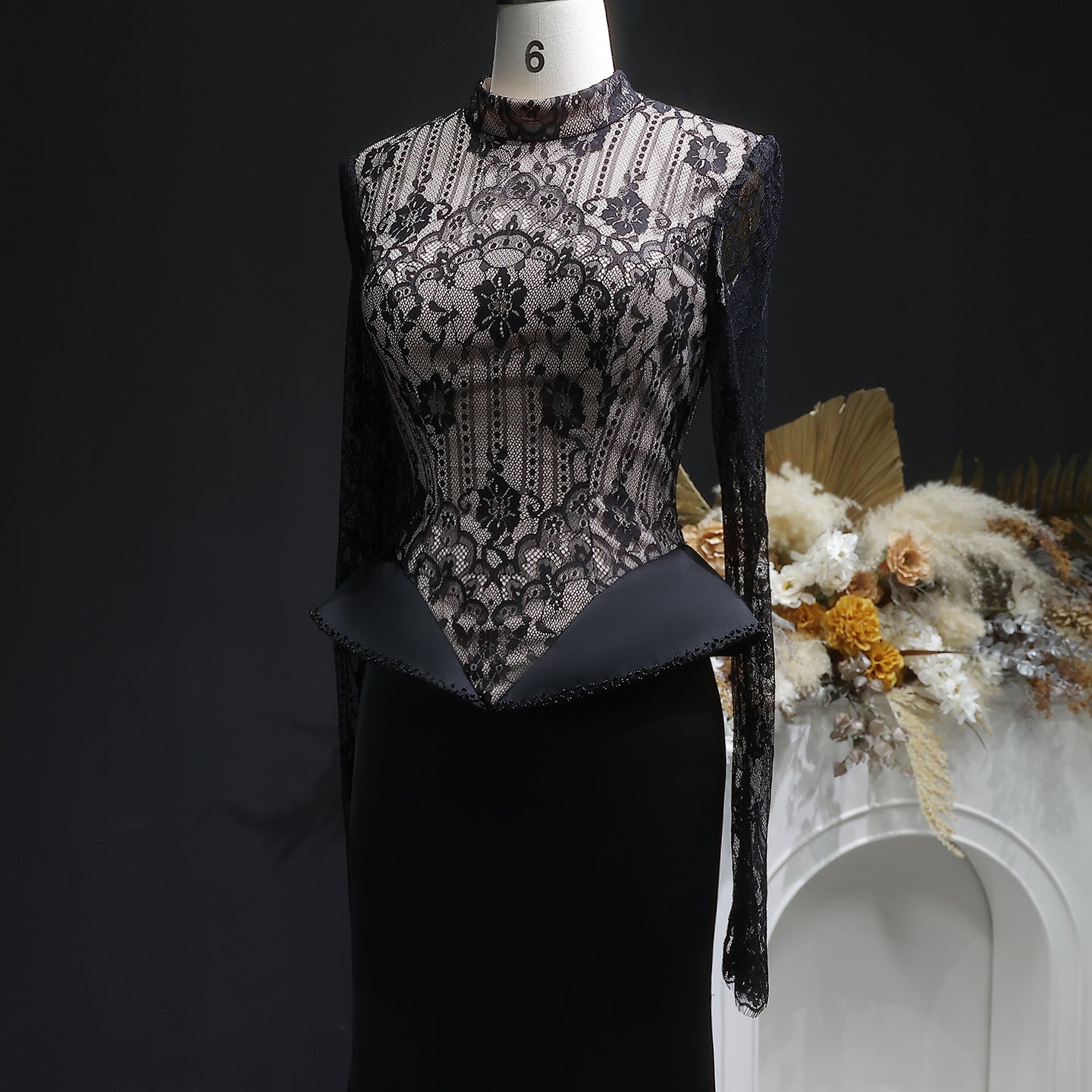 Elegant Black Crystal Lace Paneled Evening Dress SF072