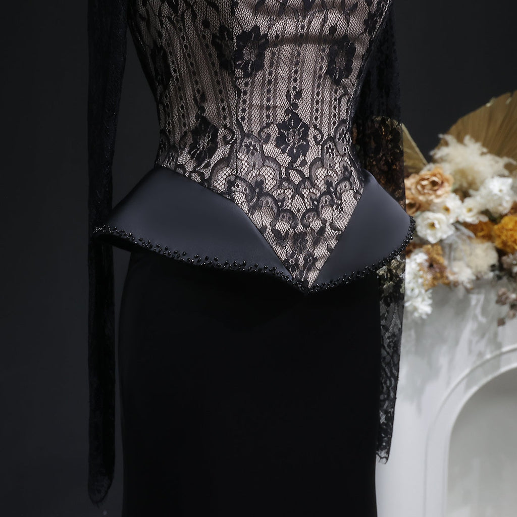 Elegant Black Crystal Lace Paneled Evening Dress SF072