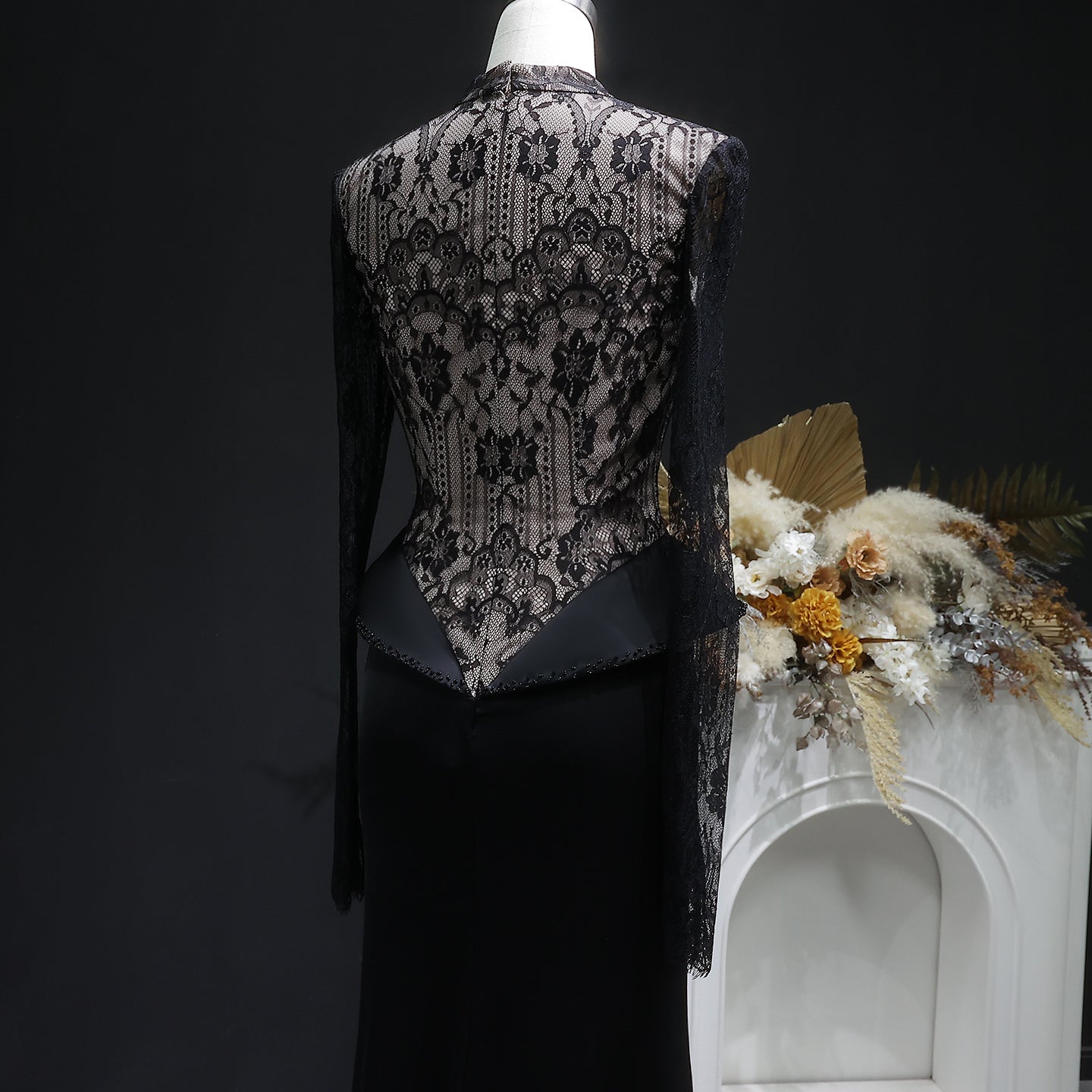 Elegant Black Crystal Lace Paneled Evening Dress SF072