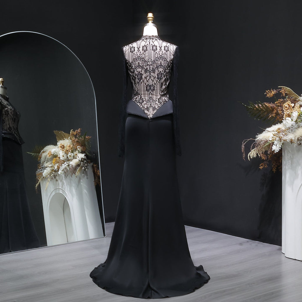 Elegant Black Crystal Lace Paneled Evening Dress SF072