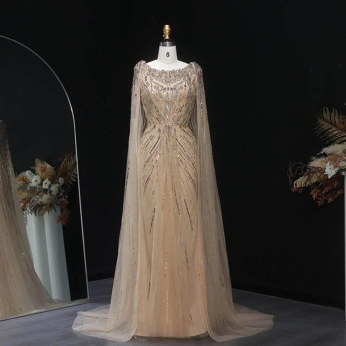 Luxury Crystal Lilac Evening Dress with Cape Sleeves SS549