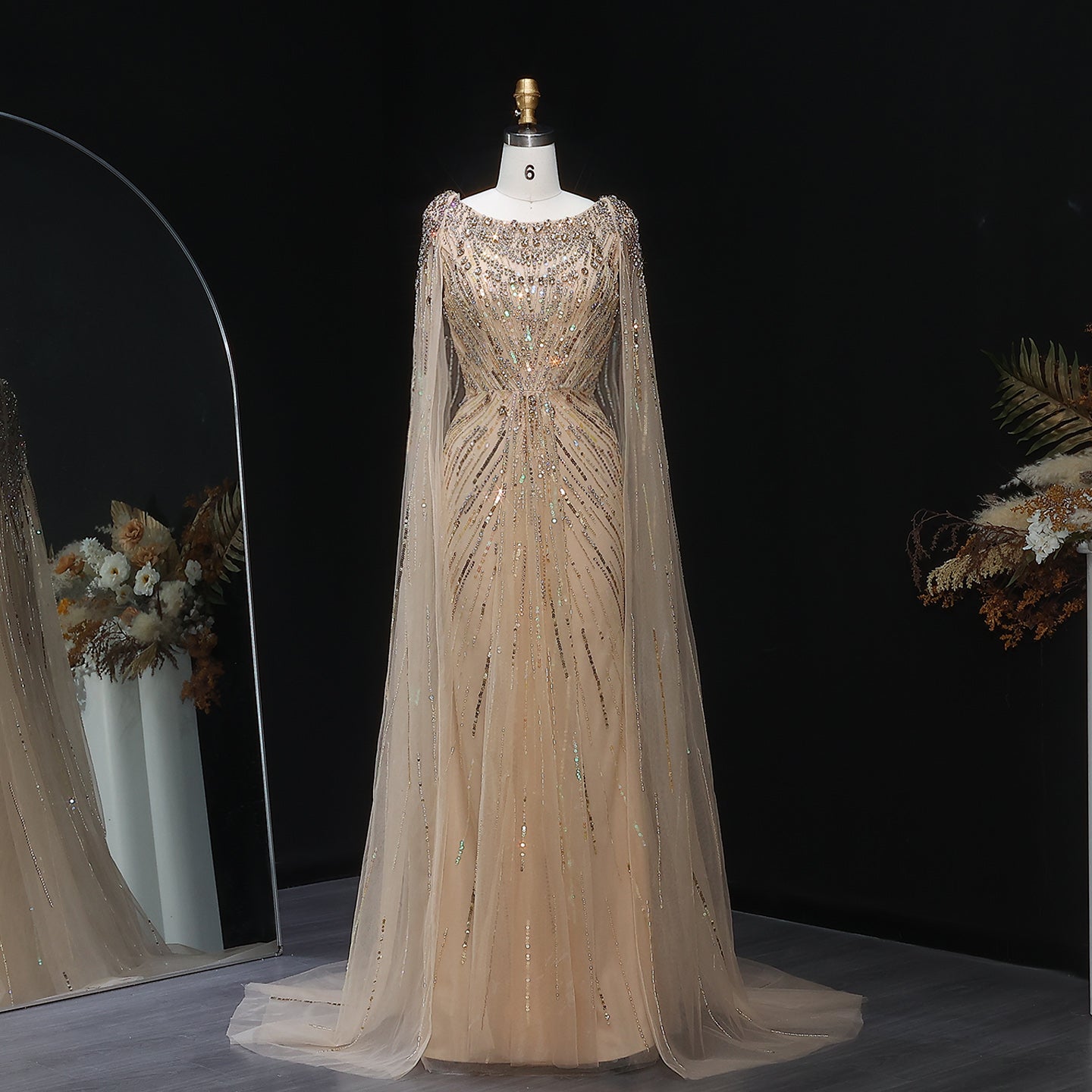 Luxury Crystal Lilac Evening Dress with Cape Sleeves SS549