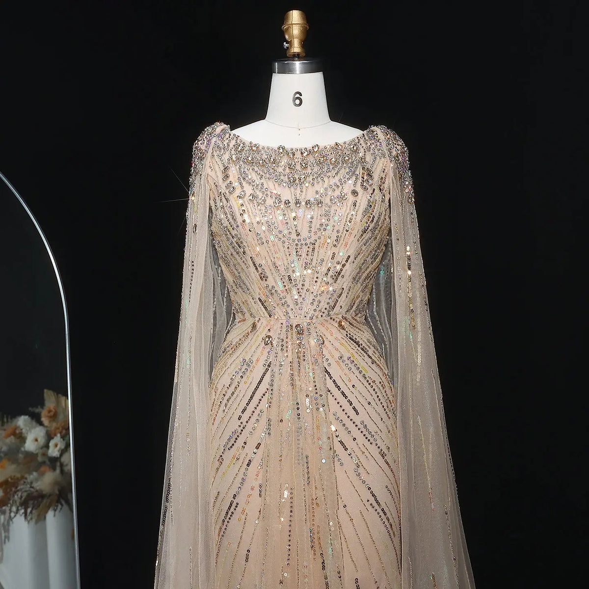 Luxury Crystal Lilac Evening Dress with Cape Sleeves SS549